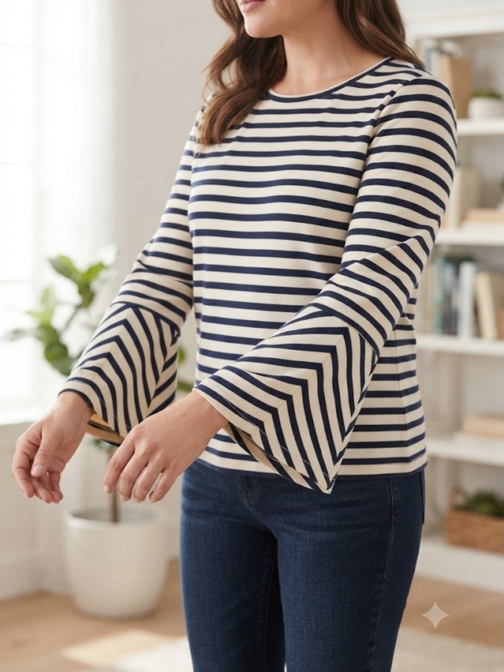 Chico's Navy Blue White Striped Bell Sleeve Stretch Top Size 3 XL